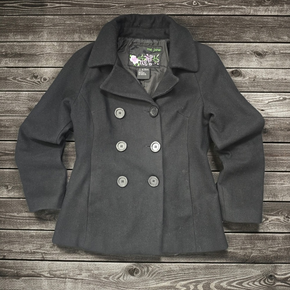 Me Jane Womens‎ Black Wool Blend Double Breasted Pea Coat Jacket RN57686